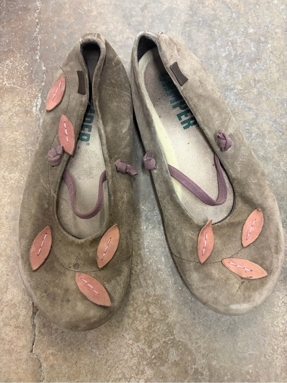 Camper Suede Ballet Flat in Taupe with Pink Accents ballerina Mary Jane’s boho‎